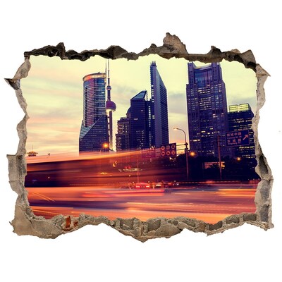 3D wall hole wallpaper Shanghai at night