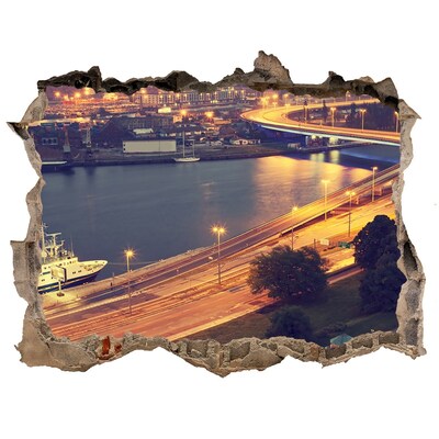 Hole wall sticker View of the city at night