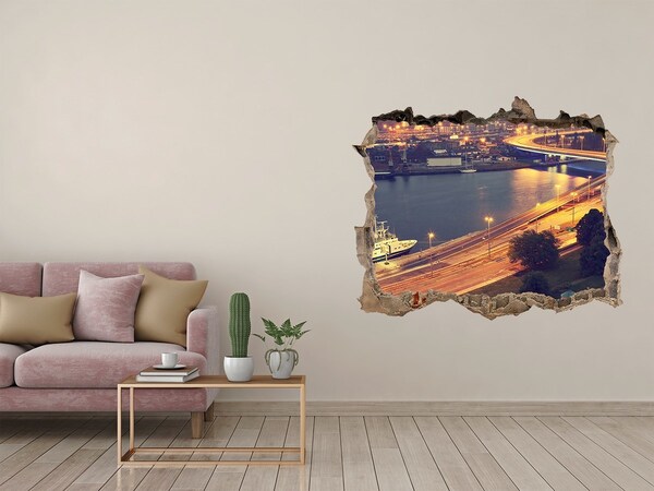 Hole wall sticker View of the city at night