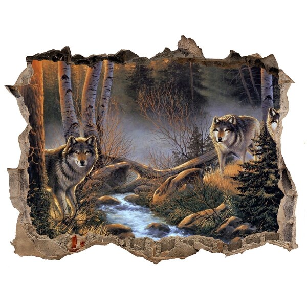 3D wall hole wallpaper Wolves in the forest landscape