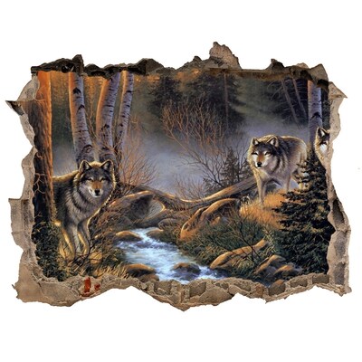 3D wall hole wallpaper Wolves in the forest landscape