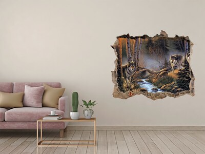 3D wall hole wallpaper Wolves in the forest landscape