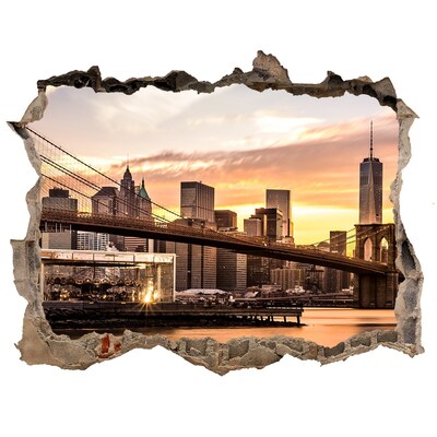 3D wall hole wallpaper Brooklyn Bridge at sunset