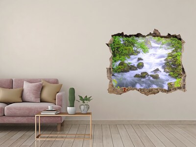 3D wall hole wallpaper Waterfall in the green forest