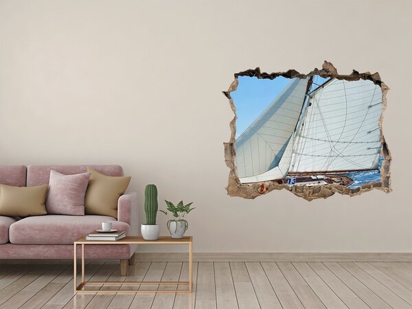 3D wall hole A yacht on the waves of the sea