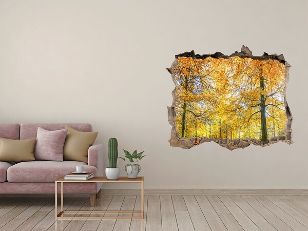 3D wall hole wallpaper Golden autumn in the forest