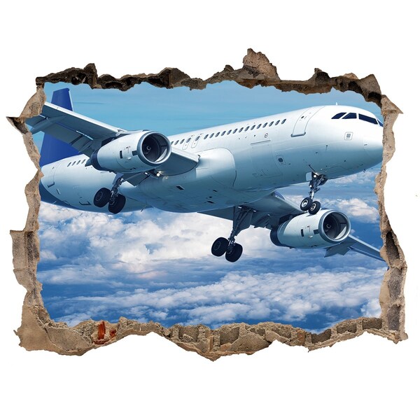 3D wall hole wallpaper Arrival of a plane in the clouds