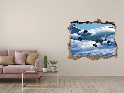 3D wall hole wallpaper Arrival of a plane in the clouds