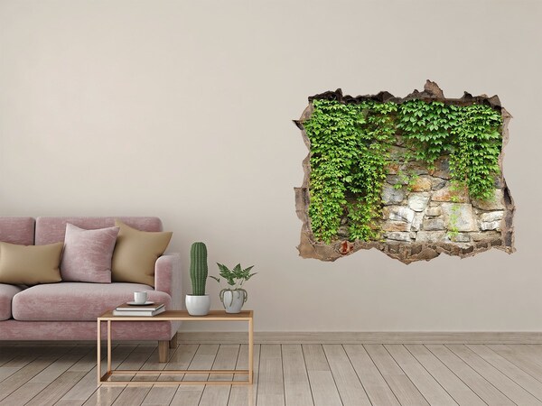 3D wall hole wallpaper Green wall with stones