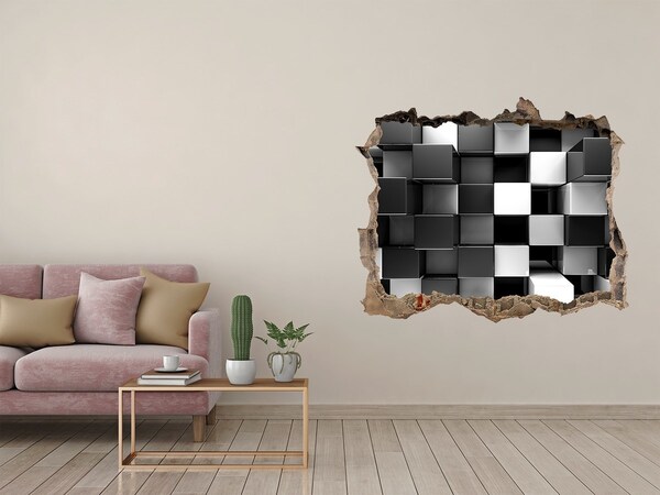 Hole in the wall sticker Black and white cubes in the wall
