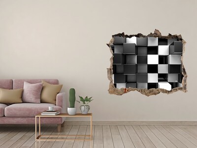 Hole in the wall sticker Black and white cubes in the wall