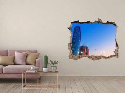 3D wall hole wallpaper Modern city at sunset