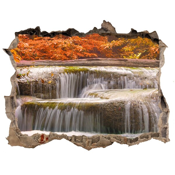 3D wall hole wallpaper Waterfall in autumn scenery