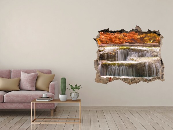 3D wall hole wallpaper Waterfall in autumn scenery