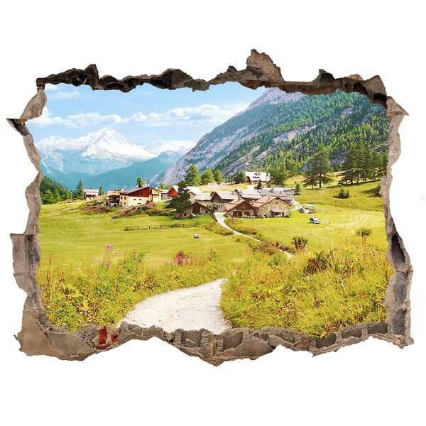 Hole wall sticker An Alpine village among the mountains