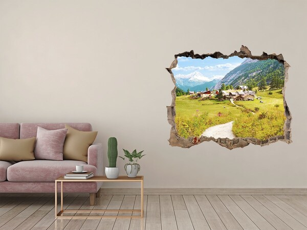 Hole wall sticker An Alpine village among the mountains