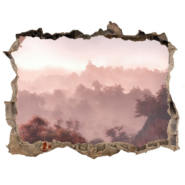 3D wall hole wallpaper Mountain landscape in the morning