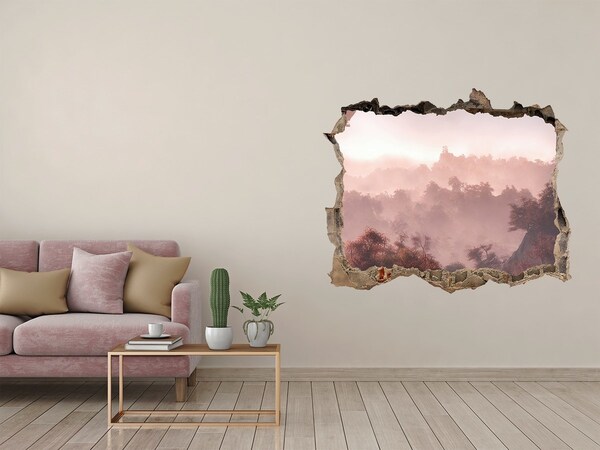3D wall hole wallpaper Mountain landscape in the morning