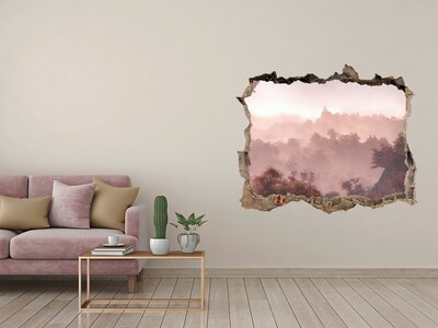 3D wall hole wallpaper Mountain landscape in the morning