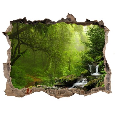Hole wall sticker Green forest with a waterfall