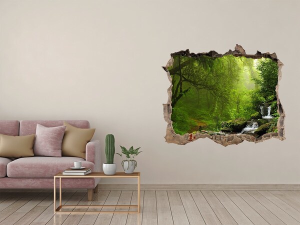Hole wall sticker Green forest with a waterfall