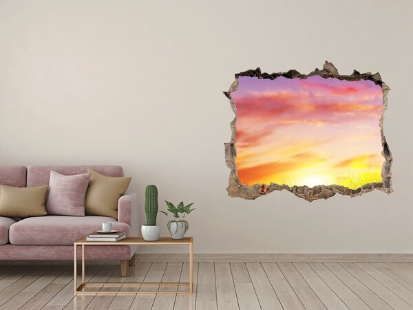 3D wall hole Sunset over the meadow