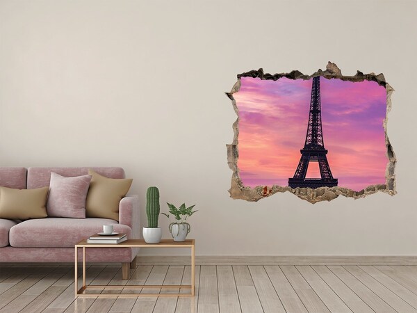 3D wall hole wallpaper The Eiffel Tower at sunset