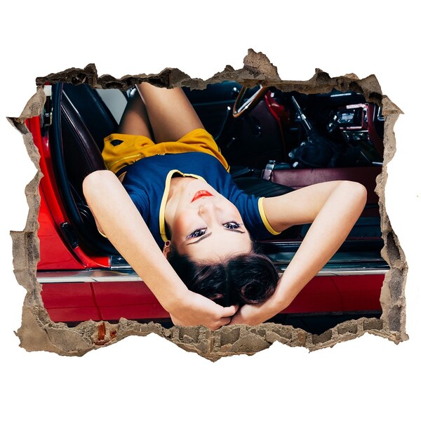 Hole in the wall decal Woman in a classic car