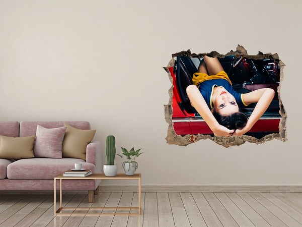 Hole in the wall decal Woman in a classic car