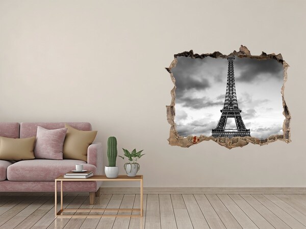3D wall hole wallpaper The Eiffel Tower in a monochromatic style