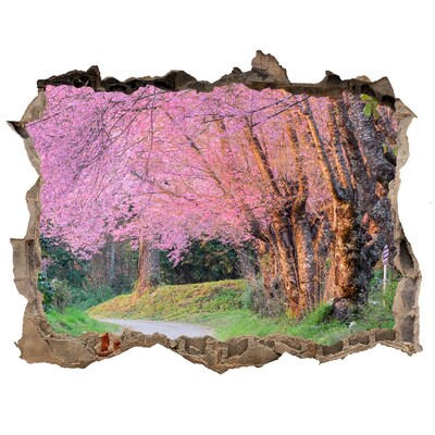3D wall hole wallpaper A spring walk among the blooming trees