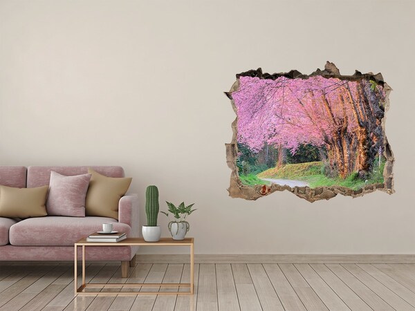 3D wall hole wallpaper A spring walk among the blooming trees
