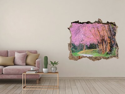 3D wall hole wallpaper A spring walk among the blooming trees