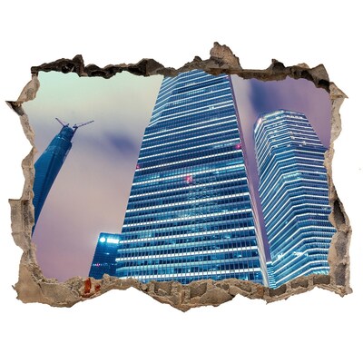 3D wall hole Modern city through a hole in the wall