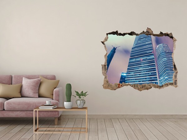 3D wall hole Modern city through a hole in the wall