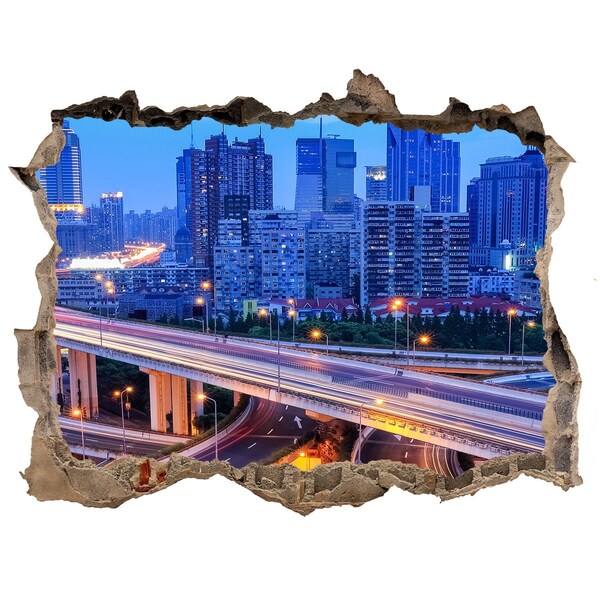 Hole wall sticker Modern city at night