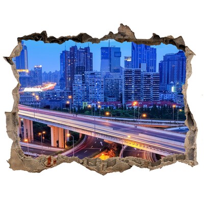 Hole wall sticker Modern city at night