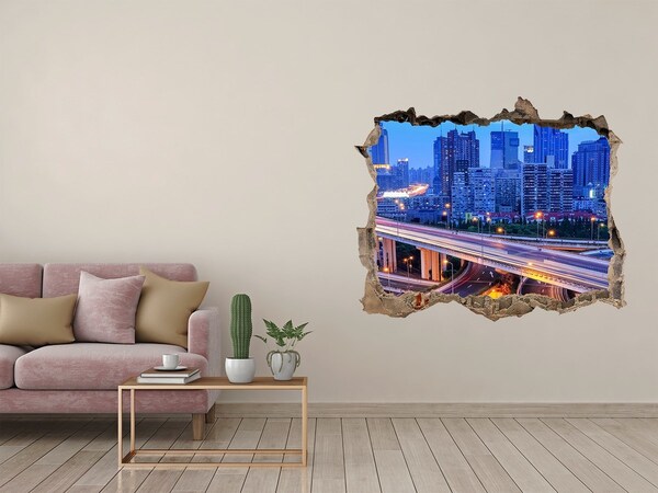 Hole wall sticker Modern city at night