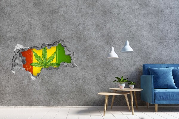 Hole wall sticker Green cannabis leaf on a yellow-red-green background
