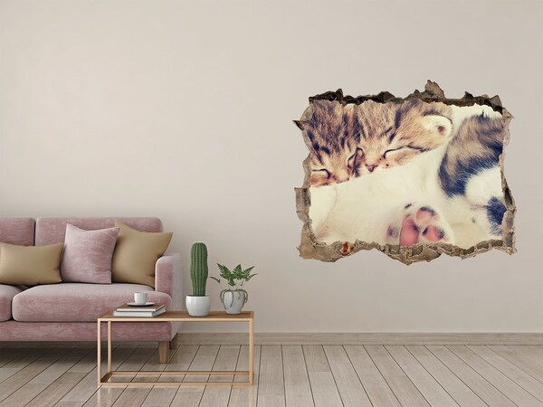 3D wall hole wallpaper Cute kittens in a hole in the wall