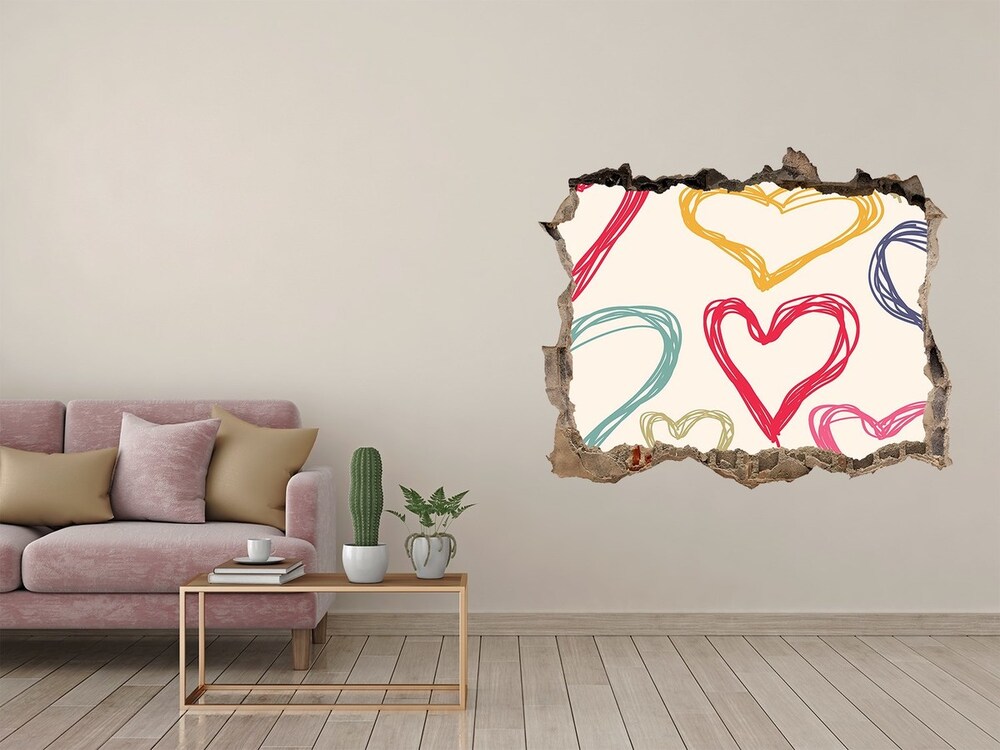 3D wall hole wallpaper Colorful hearts