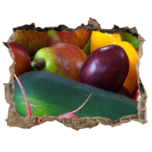 3D wall hole wallpaper Fruit and Vegetables in a Hole in the Wall