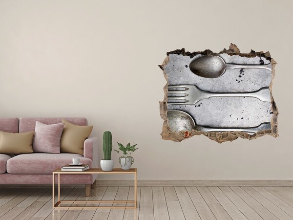 Hole in the wall sticker A broken wall with a view of the cutlery