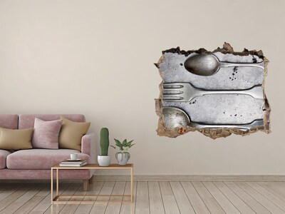 Hole in the wall sticker A broken wall with a view of the cutlery