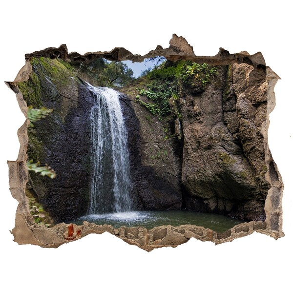 3D wall hole wallpaper Waterfall among the rocks