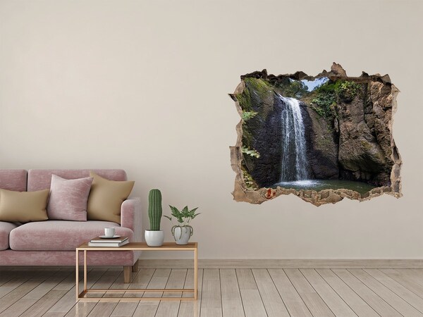 3D wall hole wallpaper Waterfall among the rocks