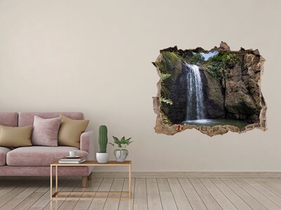 3D wall hole wallpaper Waterfall among the rocks