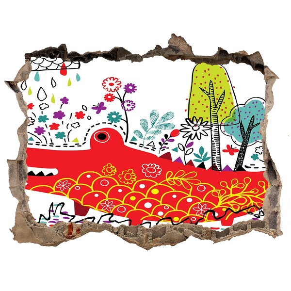 3D wall hole wallpaper Crocodile in a colorful landscape