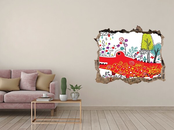 3D wall hole wallpaper Crocodile in a colorful landscape