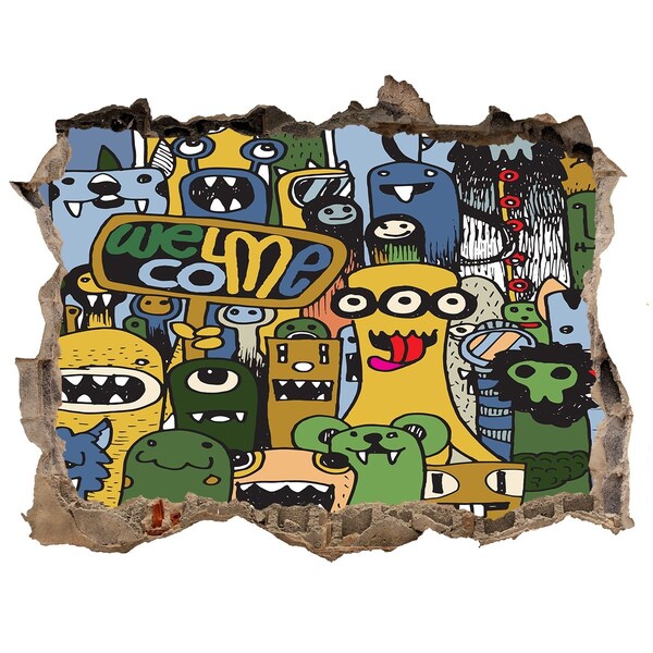 Hole in the wall sticker Colorful Monsters in a Hole in the Wall